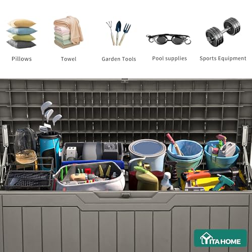 YITAHOME 80 Gallon Resin Deck Box, Waterproof Outdoor Storage Box, Lockable Indoor Outdoor Storage Bench for Supplies and Essentials, Taupe - color: Taupe, size: 80 Gallon, style: Deck Box