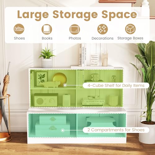 Giantex Storage Bench with Shelf, 3-Tier Entryway Storage Cabinet w/Seat, 2-in-1 Shoe Bench w/Bookshelf, Anti-tip Kits, Modern Style 6-Cube Organizer for Living Room, Study, Hallway, White