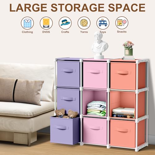 Briwooody 9 Cube Storage Organizer Bins with Shelf 11'' Toy Storage Box Back to School Dorm Organizers Fabric Unit for Playroom Book (Pink,Purple,Orange) - color: Pink,Purple,Orange