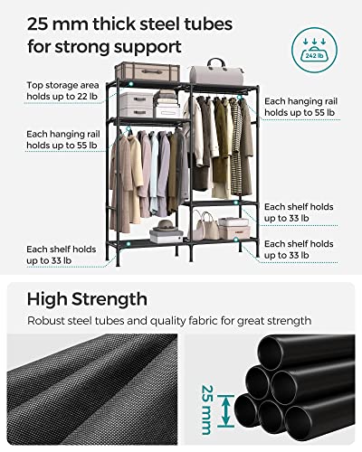 SONGMICS Heavy Duty Clothes Rack, 65 Inch Freestanding Portable Wardrobe with Hanging Rails and Shelves, Total Load 242 lb, Easy Assembly, for Cloakroom, Bedroom, Black URDR201B02 - size: 65"L x 17.7"W x 74.8"H