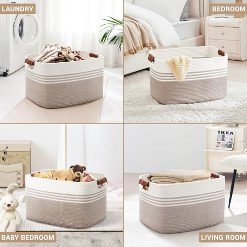 86L Extra Large Laundry Basket with Leather Handles for Living Room Storage, Woven Rope Baskets for Blanket, Kids Toy, Gifts, Wicker Hamper for Bedroom Dirty Clothes, 24"x16"x14" White Brown - color: Brown, size: 86L