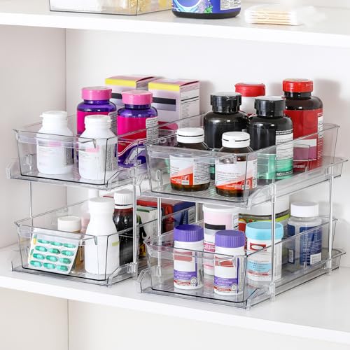 2 Tier Clear Organizer with Dividers for Cabinet, Shlef, Counter - MultiUse Slide-Out Storage Container - Kitchen, Pantry, Medicine Cupboard Bins, Bathroom, Vanity Makeup, Under Sink Organizing - size: 8" W - 1 Set