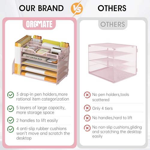 5 Tier Paper Letter Tray with File Holder and 3 Drop-in Pen Holders, Mesh Desk File Organizer with Handle, Desk Organizers and Accessories for School,Home, Office Supplies Storage-Pink - color: 5 Tier with File Holder-Pink, size: 15.4" x 9.1" x 10.3"