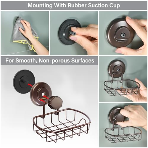 HASKO Suction Cup Soap Dish for Shower Wall, Rustproof Stainless Steel, Shower Soap Holder with Hooks, Includes Optional No Drill Adhesive Mount for Bathroom and Soap Saver, Bronze - color: Bronze