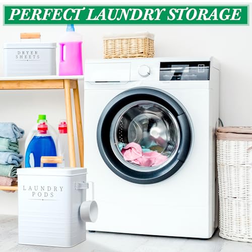 Yaocom 2 Pcs Laundry Pod Container with Dryer Sheet Holder Farmhouse Laundry Room Decor Organization and Storage Detergent Container Box with Lid Handle Metal Dryer Sheet Dispenser(White) - color: White