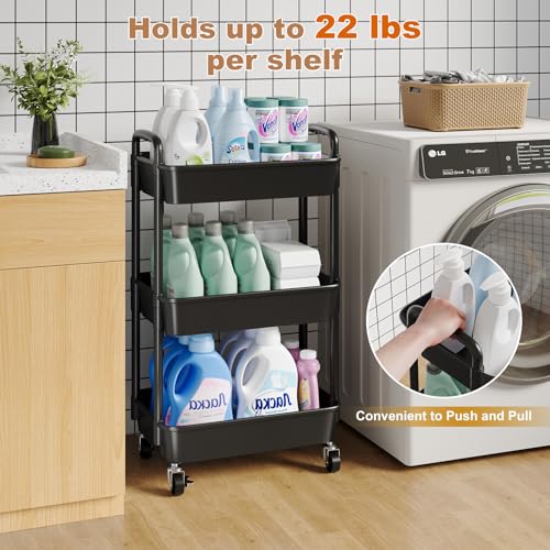 3 Tier Rolling Cart with Wheels, Black Plastic Three Tiered Shelf Organizer Carts on Lockable Wheels, Small Utility Storage Trolley for Diaper Caddy, Snack, Art, Cleaning Supplies, Kitchen, Bathroom - color: Black