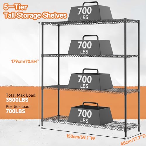 M MZG 2800LBS 59" W 4 Tiers Storage Shelves Load, Metal Shelving Wire Metal Shelving Unit Shelves for Storage Adjustable Garage Shelving for Pantry Kitchen Garage Black 17.7" D x 59.1" W x 70.4" H - color: Black, size: 4 Tiers, 17.7"D x 59.1"W x 70.4"H