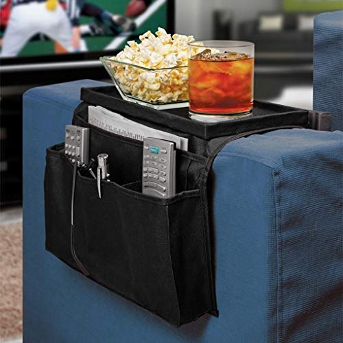 Sofa Armrest Organizer with Cup Holder Tray Chair Arm TV Remote Holder for Recliner Couch Armchair Caddy Bedside Storage Pockets Bag for Cellphone Tablet Book Magazines Drinks Pouch - color: Black, with Top Tray