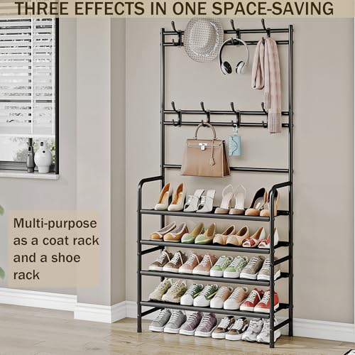Coat Rack Shoe Rack With Storage Shelf Freestanding with 8 Hooks for Entryway Bedroom Closet 4 Tier, Black - color: Black