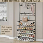 Coat Rack Shoe Rack With Storage Shelf Freestanding with 8 Hooks for Entryway Bedroom Closet 4 Tier, Black - color: Black