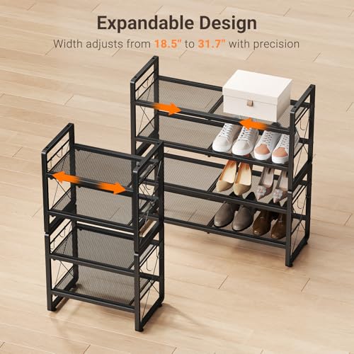 ELYKEN Shoe Rack, 4-Tier Expandable Shoe Organizer for Entryway, Metal Black Shoe Shelf with 4 Hooks, Adjustable Shoe Stand Holder for Closet, Garage, Door Entrance - size: 4-Tier