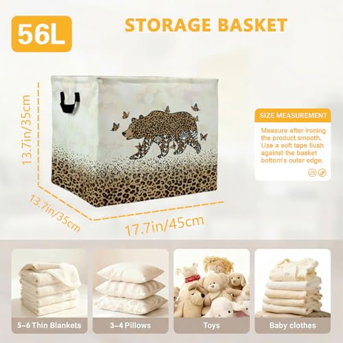 56L Leopard Print Bear Laundry Basket Clothes Hamper with Handles,Foldable Blanket Storage Large Laundry Hamper with Waterproof PE,Toy Storage Bin Organizer,Clothes Organizer,Home Decor - color: Leopard Print Bear