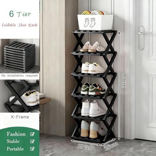 Vertical Narrow Shoe Rack Black, 6 Tier Portable Folding Shoe Storage Rack, Without Installation Free Standing Shoe Rack for Corridors, Bedrooms Living Room Corner and Small Spaces - size: 6 Tier&Black