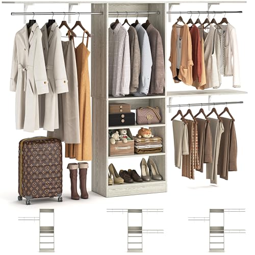 iSunirm 8FT Closet System with Shelves, 96'' Closet Organizer System with 3 Hanging Rods, Wall Mount Bedroom Wardrobe Walk-in Closet, Adjustable Cloth Garment Rack from 5 to 8FT(Cut to Fit), White Oak - color: White Oak