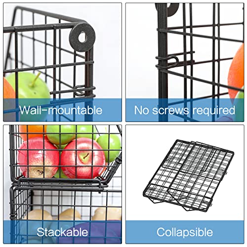 X-cosrack Stackable Wire Baskets for Counter, Fruit and Vegetable Storage, Potato and Onion Storage Bin，Kitchen Pantry Organizer - Wall Basket for Produce/Snack/Can, 3-tier Large, Black - size: 3-tier Large