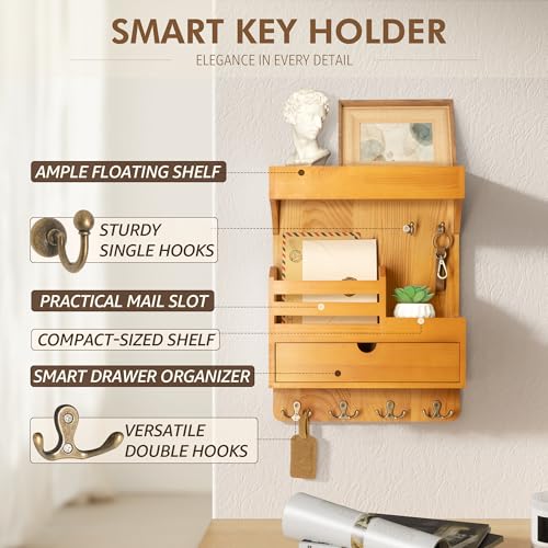 Modern Farmhouse Key Holder Wall Mount with Drawer Organizer – Pine Wooden Mail and Key Organizer with 6 Durable Hooks & Floating Wall Shelf – Ideal for Brightening Up Your Home Decor (Light Brown) - color: Light Brown, style: Large Drawer
