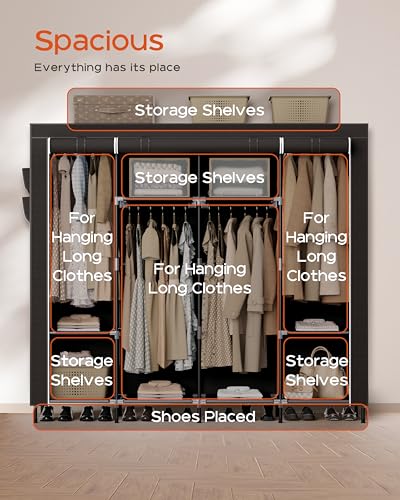 CASAMAYA Portable Closet, 66.9 Inch Large Capacity Wardrobe Closet with Cover, Clothes Storage Organizer with Shelves and 4 Hanging Rods, Easy to Assembly, Black PCT204B01 - size: 66.9"L x 17.7"W x 70.9"H
