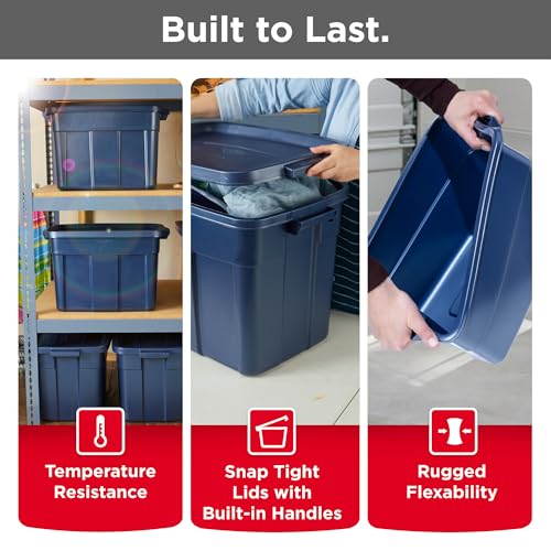 Rubbermaid Roughneck Tote Variety - |Made in the USA| Dark Indigo Metallic, Rugged Plastic Stackable Storage Tote with Lid and Handles (Pack of 10) - size: Variety - 10 Pack