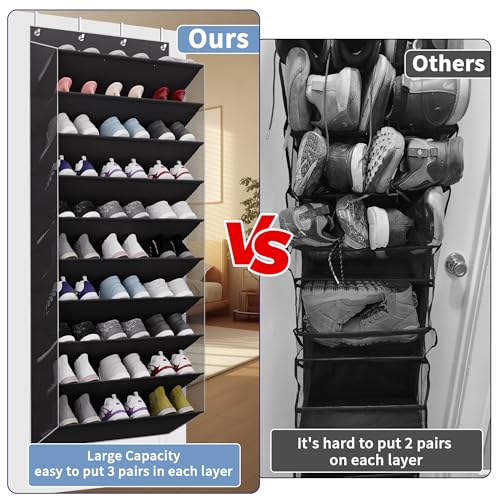 TAHAVICE 10-Tier Large Size Over The Door Shoe Organizer, Holds 30 Pairs Hanging Shoe Rack with Deep Pockets for Closet, Space-Saving Storage for Sneakers, Boots (Black) - color: Black