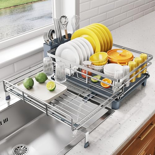 SNTD Dish Drying Rack - Extendable Dish Rack, Large Sink Drying Dish Drainer for Kitchen Counter, Stainless Steel Dish Strainer with Utensil Holder (Silver) - color: Silver