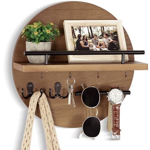 dreampossible Key Holder for Wall Decorative with Shelf and Hooks, Mail Organizer Wall Mount with Sunglasses Holder, Circular Design Entryway Key Rack Hanger, Rustic Home Decor - color: Rustic Brown