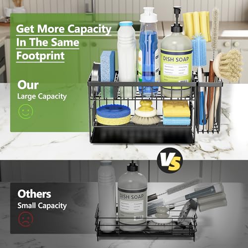 Cisily 2-Tier Kitchen Sink Caddy Organzier Rack with Flexible Dish Brush Holder, Sponge Holder for Kitchen Sink Countertop Organization Storage,Home Decor Accessories Essentials Stainless Steel - color: Black