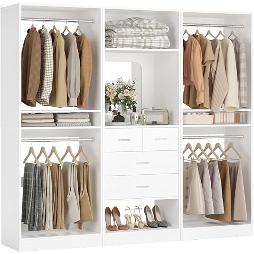 Unikito 75 Inch Closet System with 4 Drawers, 6.3FT Walk in Closet Organizer with Hanging Rods and Mirror Design, Reversible Large Closet Wardrobe with Shelves, Adjustable Closet Tower, White