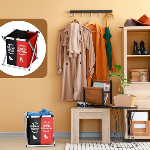 Wonderjune Foldable Disposable Shoe Cover Box Dispenser Fabric Storage Bin Holder with Used Shoe Covers and Welcome Please or Remove Sign for Open House Supplies(Black, Red) - color: Black, Red