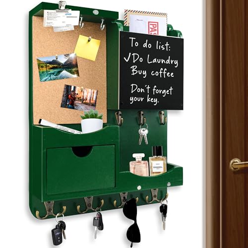 Key Holder Wall Mount， Mail Organizer Key Holder for Wall with Shelf, Drawer, Chalkboard, Corkboard, Home Decor Wall Mounted for Room Entryway (Green) - color: Dark Green, size: Vertical
