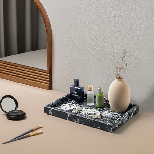 Real Natural Marble Tray for Bathroom, Vanity, Kitchen and Desktop, Rectangle Genuine Marble Stone Tray for Jewelry, Cosmetics, Candles, Lotion, Perfume and Home Decor (Black) - color: Black, size: 12" x 8" x 1.2"
