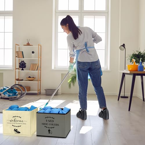 2 Pcs Shoe Cover Boxes Dispenser Foldable Storage Bins, Used Shoe Covers and Welcome Please or Remove Sign Entryway Basket Holder for Open House Supplies(Dark Gray, Beige) - color: Dark Gray, Beige