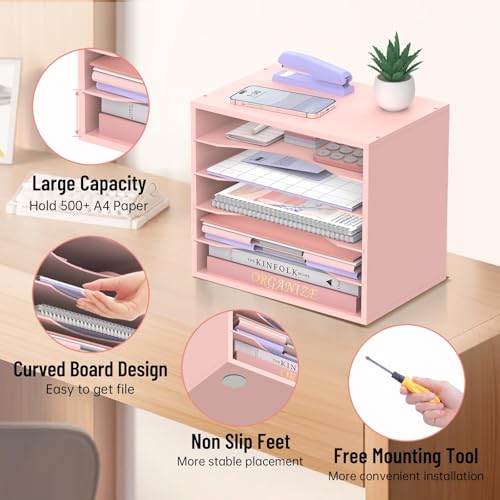 5-Tier Wood Desk Organizer, Paper Tray Organizer for Desk with Adjustable Storage Shelves, Desktop File Organization Paper Sorter Mail Holder for Office Home Classroom, Pink - color: Pink, size: 5 Tier