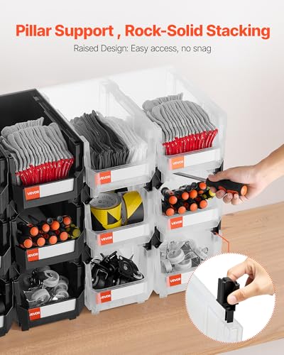 VEVOR Plastic Stackable Storage Bins, 14.8 x 8.5 x 7.1 inch (12 Pack), Plastic Containers for Organizing & Storage Bins for Garage, Small Parts, Office Supplies, Other Accessories, Black & Transparent - color: Black &Clear, size: 14L