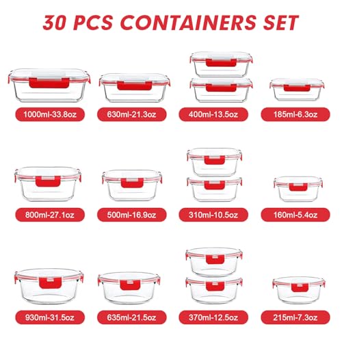 VERONES 30 Pieces Glass Meal Prep Containers Set, Stackable Glass Food Storage Containers with Lids-Airtight Lunch Containers，for Microwave, Oven, Freezer & Dishwasher,Red - color: Red