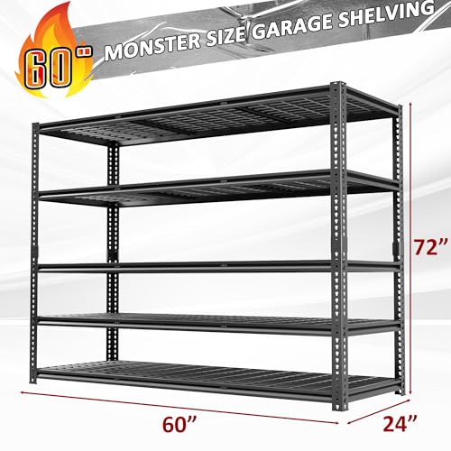 60" W x 24" D x 72" H Garage Shelving Heavy Duty Metal Shelving 3030LBS Storage Shelves Adjustable Metal Shelves for Storage Industrial Garage Shelves for Warehouse Basement - color: Black-visible Hole, size: 60" W x 24" D x 72" H