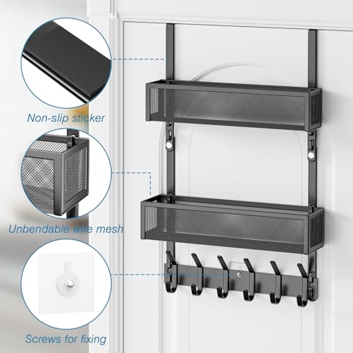 Over The Door Hooks Organizer, Over The Door Towel Rack with 12 Coat Hooks and 2 Mesh Basket, Bathroom Door Organizer Back of Door Hanger Organizer for Bedroom, Kitchen(Black) - color: Black, size: 2 Baskets