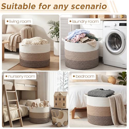 XXXXL 125L Extra Large Blanket Basket, 23.6" x 16.9" Jumbo Woven Cotton Rope Storage Basket with Handles, Laundry Hamper, Toy Storage for Living & Play Room(White, Beige & Natural Linen) - color: White, Beige & Natural Linen