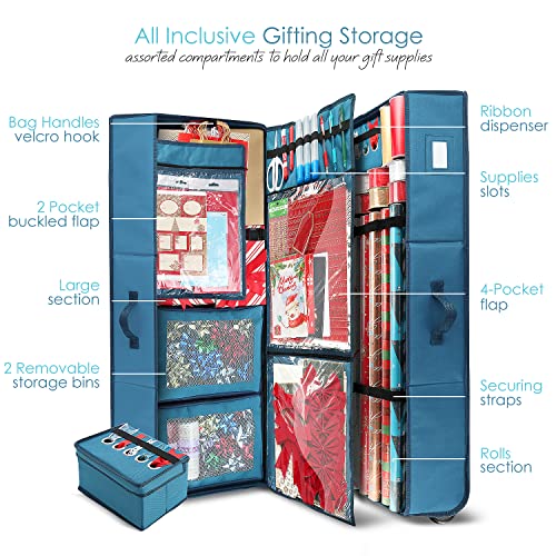 Hearth & Harbor Holiday Storage with Christmas Bins and Ribbon Organizer - Fade Resistant Wrapping Paper Containers with Wheels Fits Up to 30 Rolls (Pack of 2) - color: Blue, size: Extra Large (Pack of 2)