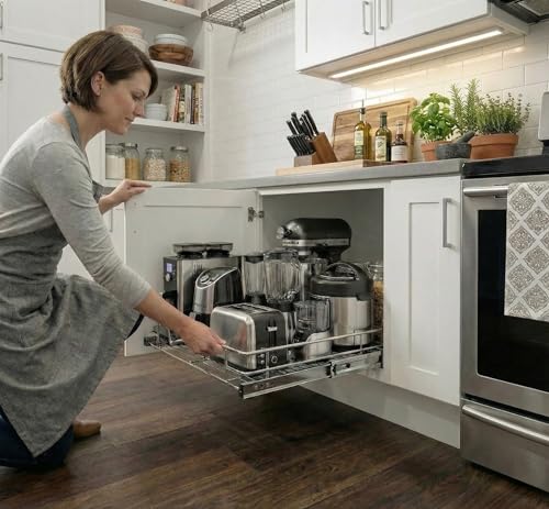 HOLDN’ STORAGE Pull Out Cabinet Organizer, Heavy Duty Caddy w/Lifetime Limited Warranty -14”W x 21”D - Requires At Least 15-1/4” Cabinet Opening, Steel Metal Cabinet Drawers Slide Out, Chrome - size: 14" W x 21" D
