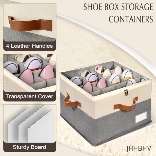 1 Pack Shoe Organizer for Closet, Adjustable Shoe Box Storage Containers, Large Foldable Shoe Bins with Clear Cover, Space Saving Shoes Holder with 4 Handles, Fits 8-16 Pairs, Beige - color: Beige and Grey, size: (1 Pack) 17"L x 17"W x 12 ½"H