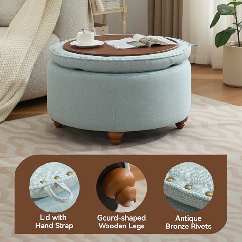 WUTUTUEE 30Inch Round Storage Ottoman with Tray, Modern Tufted Fabric Circle Coffee Table with Storage, Upholstered Ottoman with Removable Top for Living Room, Bedroom, Light Blue - color: Blue, size: 30 Inch