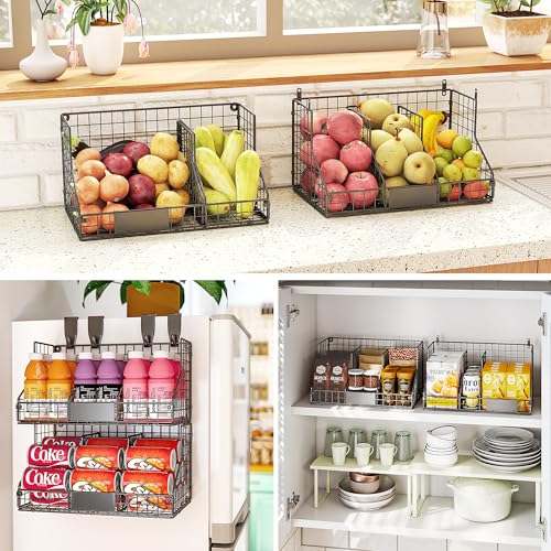 2 Tier Pantry Organizers and Storage Shelf, Stackable Can Organizer for Canned Food and Goods, Metal Wire Rack with 4 Adjustable Dividers Holds 60+ Cans for Under Cabinet Countertop
