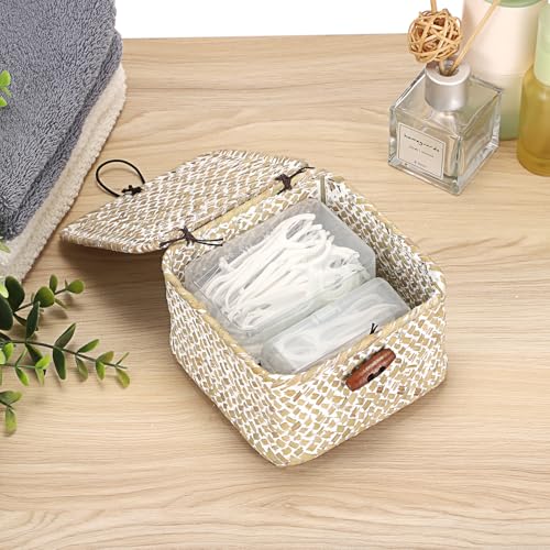 Hipiwe Handwoen Seagrass Basket with Lid Key Holder Box for Entry Decorative Mini Shelf Basket, Whitewash 3.5" x 3.5" x 2" - color: Whitewash color, size: 3.5" x 3.5" x 2"