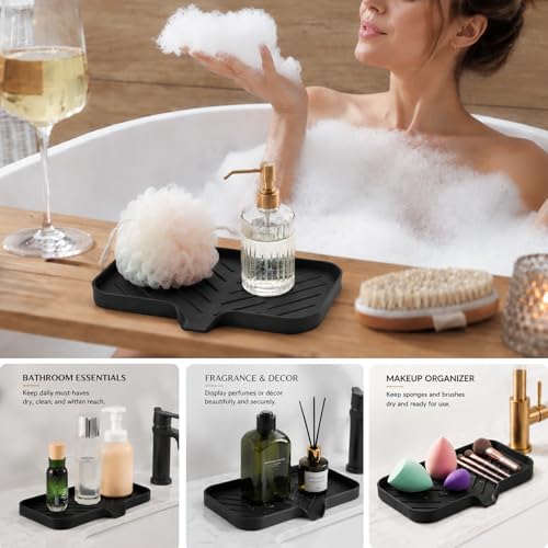 MicoYang Silicone Bathroom Soap Dishes with Drain Spout-Bathroom and Kitchen Sink Organizer,Sponge Holder,Dish Soap Tray,Perfect for Dispenser,Scrubber,Bottle,Cup on Sink or Counter-Black 9.6"×5.3" - color: Black, size: M(9.6"×5.3")