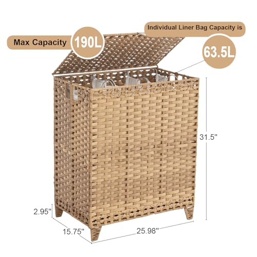 Laundry Hamper with Lid, 190L Large Laundry Basket 3 Section with 6 Removable Liner Bags & 3 Mesh Laundry Bags, Handwoven Rattan Clothes Hamper with Heightened Feet, No Install Needed, Natural - color: Natural