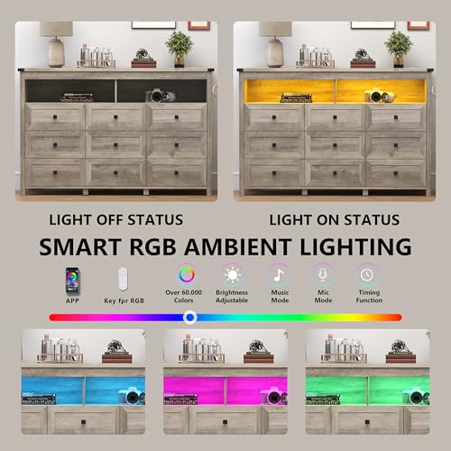 Dresser for Bedroom with 9 Drawers, Wide Chest of Drawers with LED Light and Power Outlet, Wooden Closet Organizer Clothes Storage Cabinet, Modern Double Dressers for Living Room, Hallway, Grey - color: Grey, size: 15.8"D x 59.1"W x 39.4"H (9 Drawers)