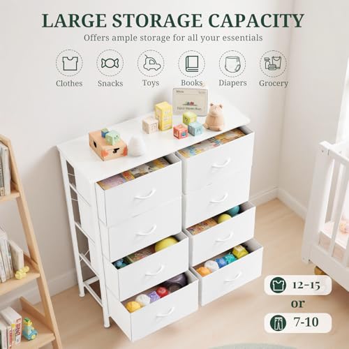 8-Drawer Dresser for Bedroom, Anti-Tip Tall Storage Organizer Chest of Drawers with Wooden Top and Metal Frame Fabric Bins for Closet, Living Room, Hallway, Entryway, White - color: White, size: 11.8"D x 31.4"W x 36.3"H (8 Drawers)