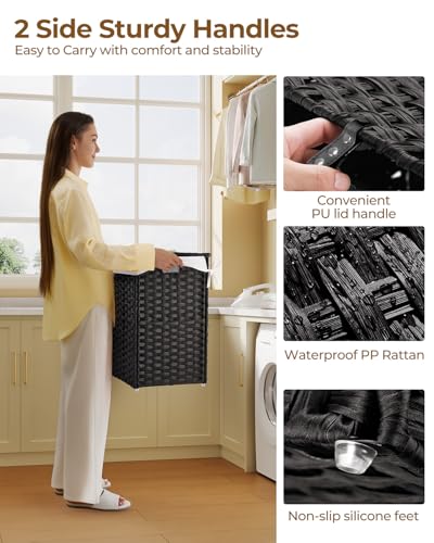 Greenstell Laundry Hamper with Lid, 60L Clothes Hamper with 2 Removable Liner Bags & 2 Mesh Bags, Handwoven Synthetic Rattan Basket, Toys in Bathroom, Bedroom Black - color: Black, size: 60L (13.4 x 13.4 x 21.7 inches)