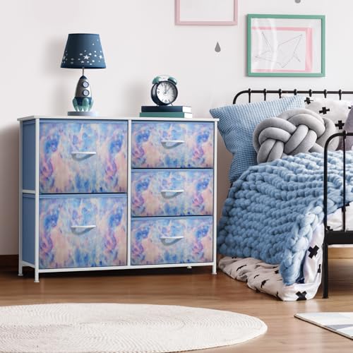Sorbus Kids Dresser with 5 Drawers - Storage Chest Organizer Unit with Steel Frame, Wood Top & Handles, Tie-dye Fabric Bins for Clothes - Wide Furniture for Bedroom Hallway Kids Room Nursery & Closet - color: Blue Tie Dye, style: 5-Drawer