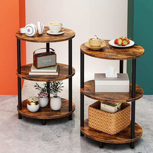 Small Round Side Table - 3-Tier Oval Accent Table for Small Spaces, Rustic Wood and Metal Couch End Table, Nightstand for Bedroom or End Table Living Room, Set of 2, Rustic Brown - color: Rustic Brown, size: 2-Pack, style: Without Power Outlets